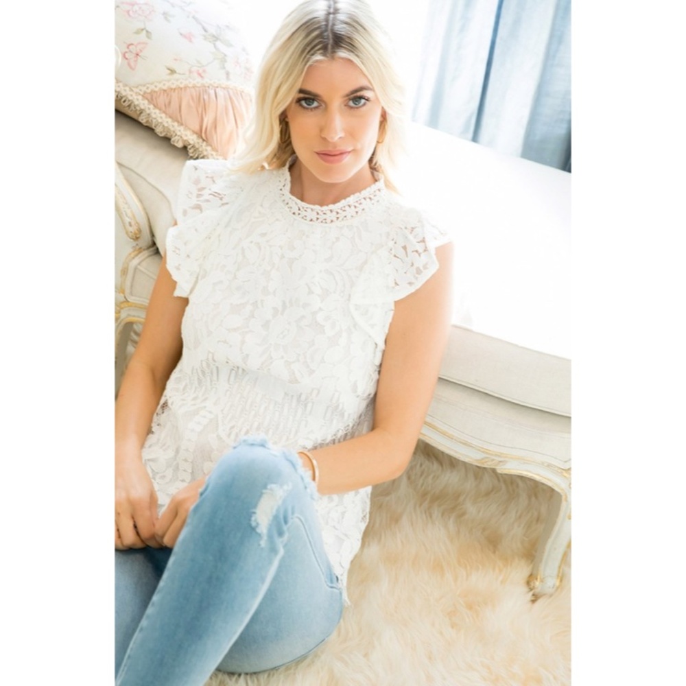 SOLD OUT White Eyelash Lace Romantic Mock Neck Ruffled Cap Sleeve Top Blouse - Picture 6 of 9